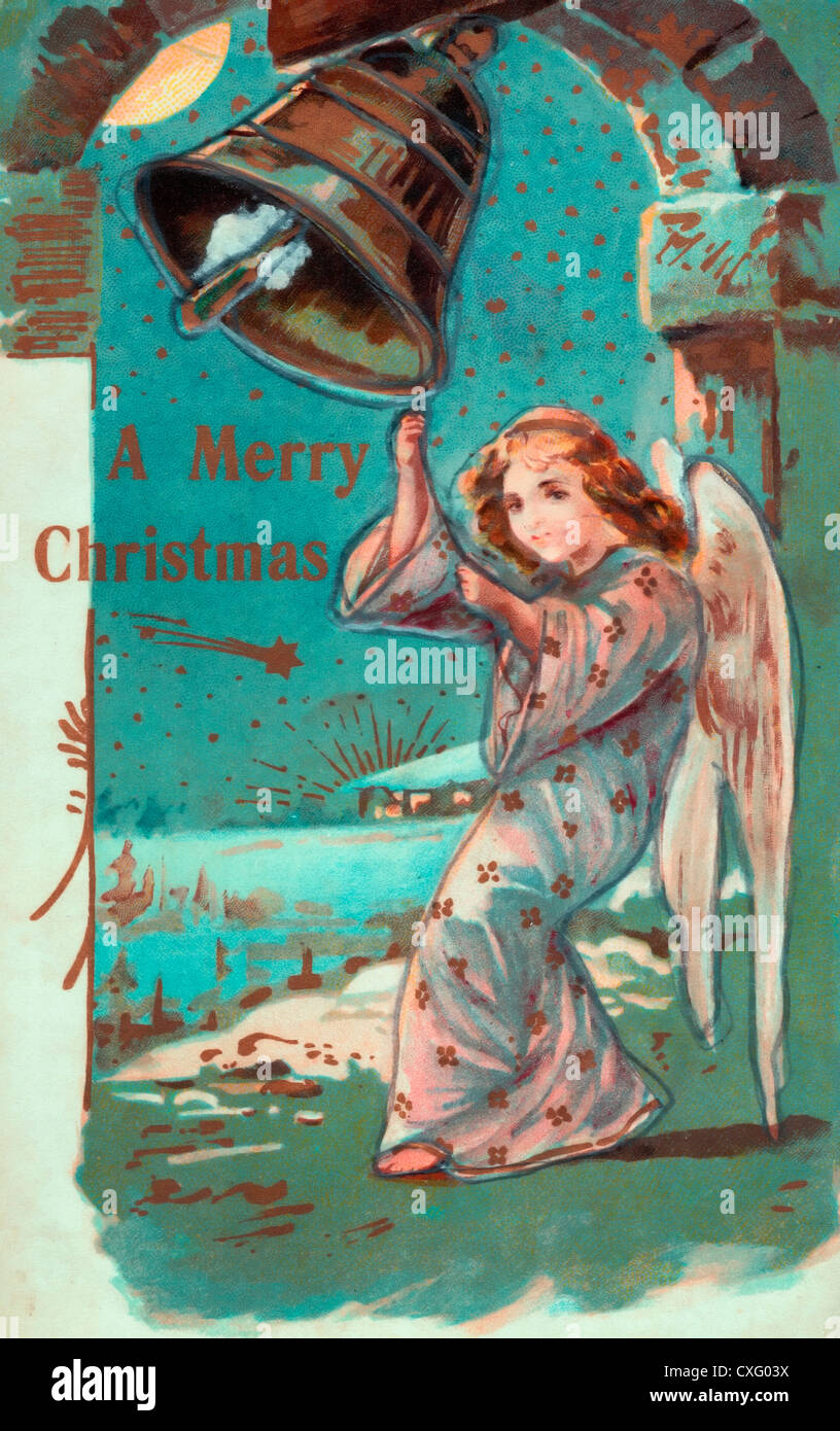 Una Feliz Navidad - Angel sonando bell para celebrar la Navidad - tarjeta Vintage Foto de stock
