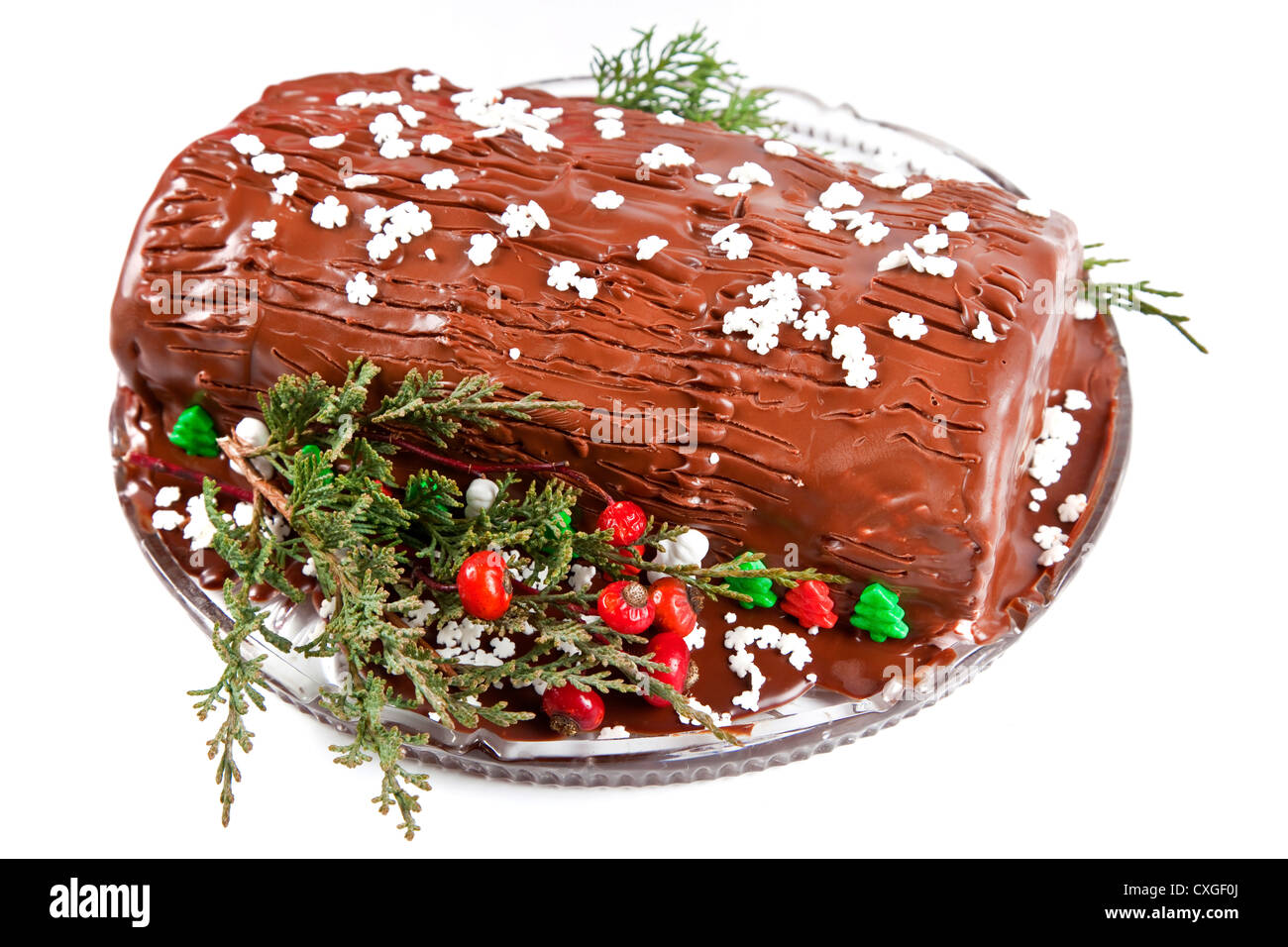 Navidad de chocolate caseras Yule log con flor de pascua y otras decoraciones de temporada. Foto de stock