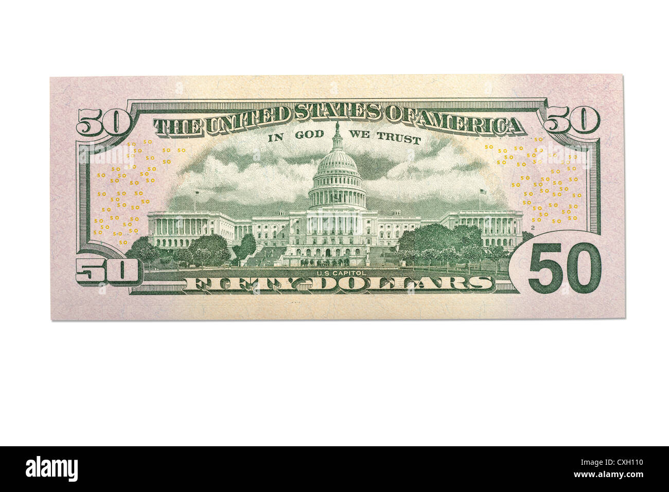 Dollar Bill, Bill Fifty-Dollar, dorso, US-Dollar, aislados en blanco 100% Foto de stock