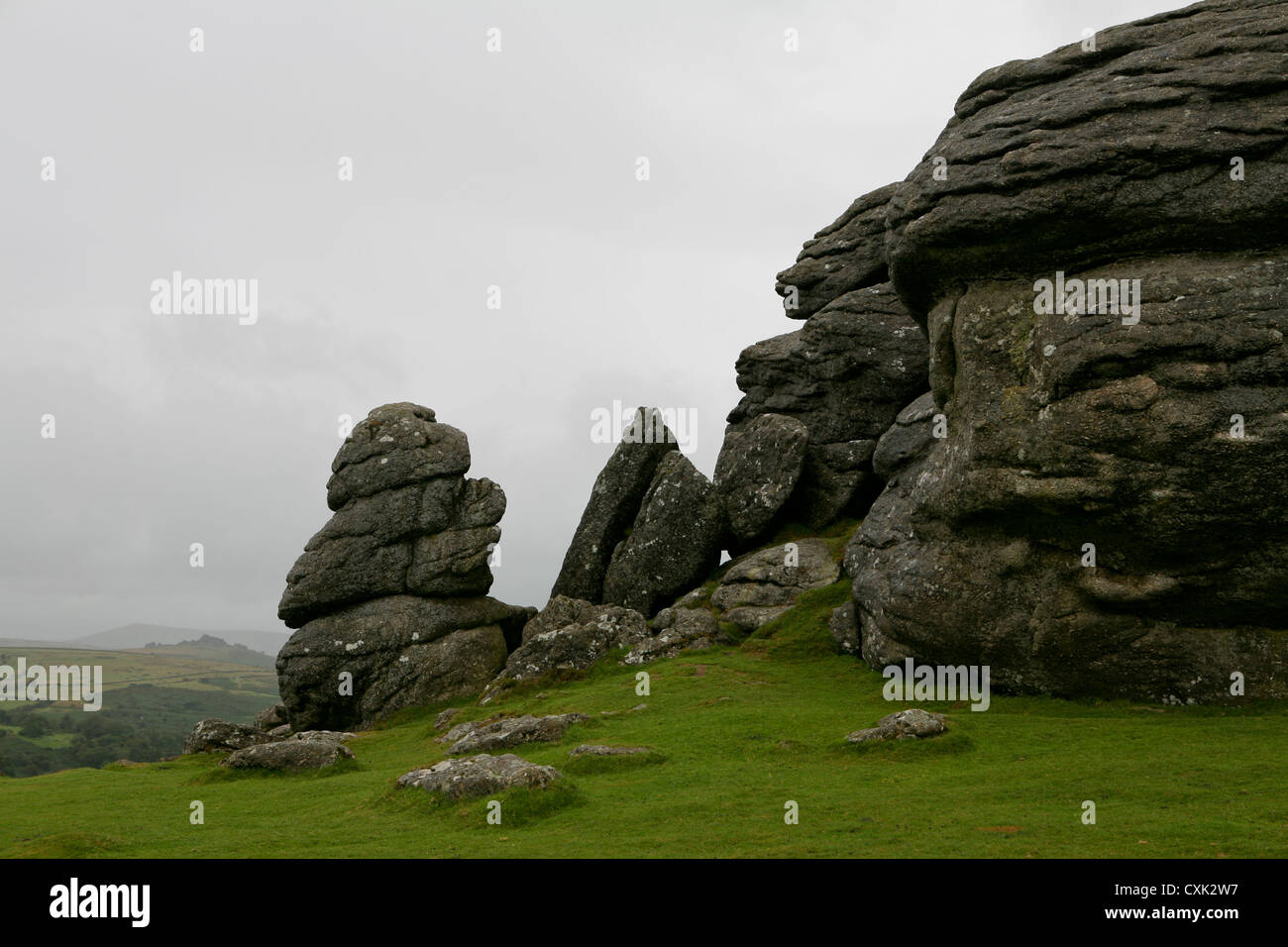 Afloramiento de granito sobre el sillín de Tor, Parque Nacional de Dartmoor, nublado, día lluvioso. Foto de stock
