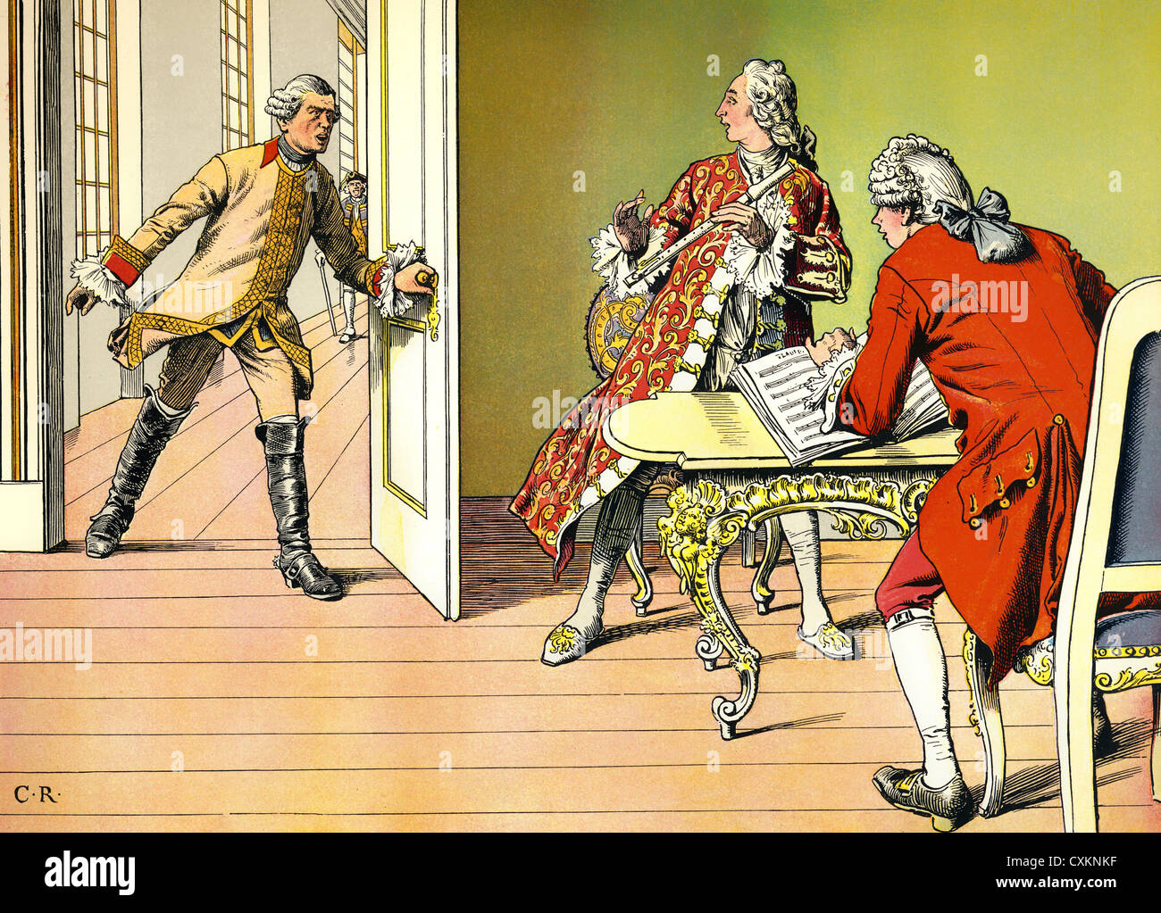 Federico Guillermo I de Prusia interrumpiendo el joven príncipe heredero Federico y el Sr. Quantz, su profesor de música flauta lección Foto de stock