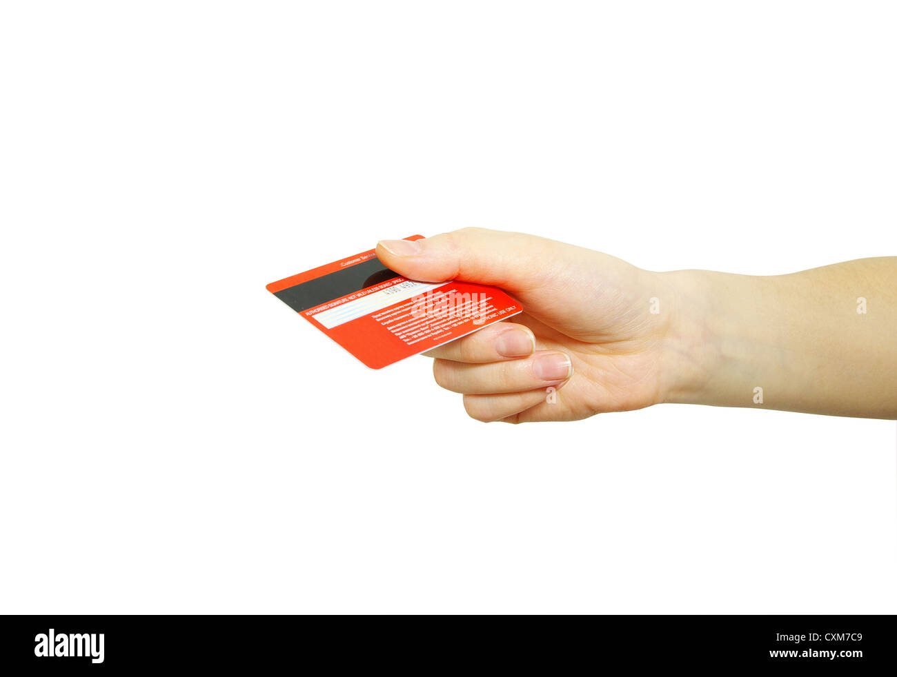 Mano sujetando con tarjeta de crédito aislado en blanco Foto de stock
