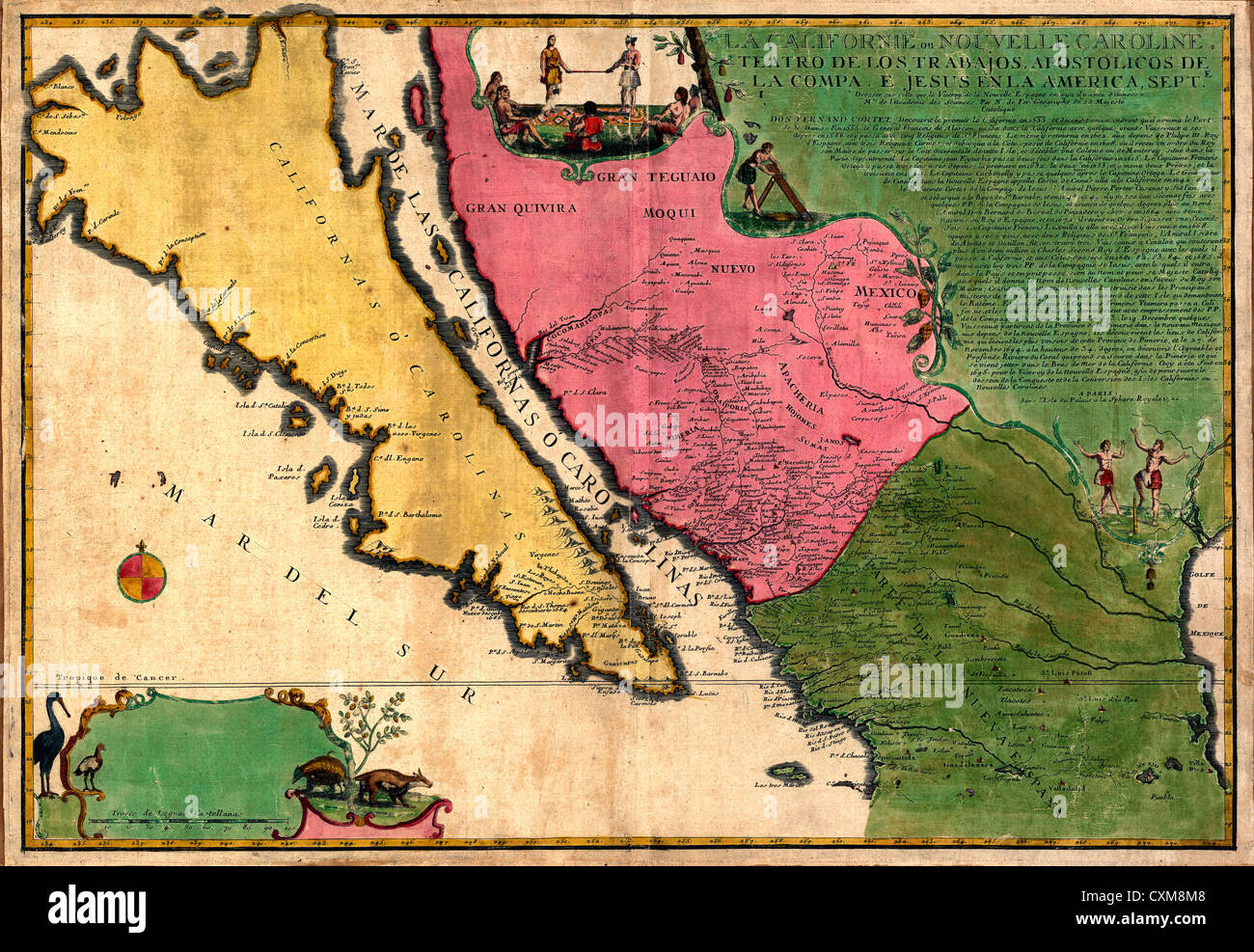California o Nueva Carolina - vintage mapa, circa 1720 Foto de stock