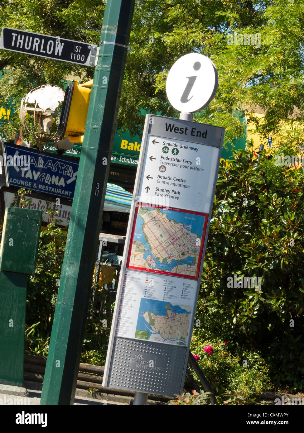 Información y Map Sign, West End, Vancouver, Canadá Foto de stock