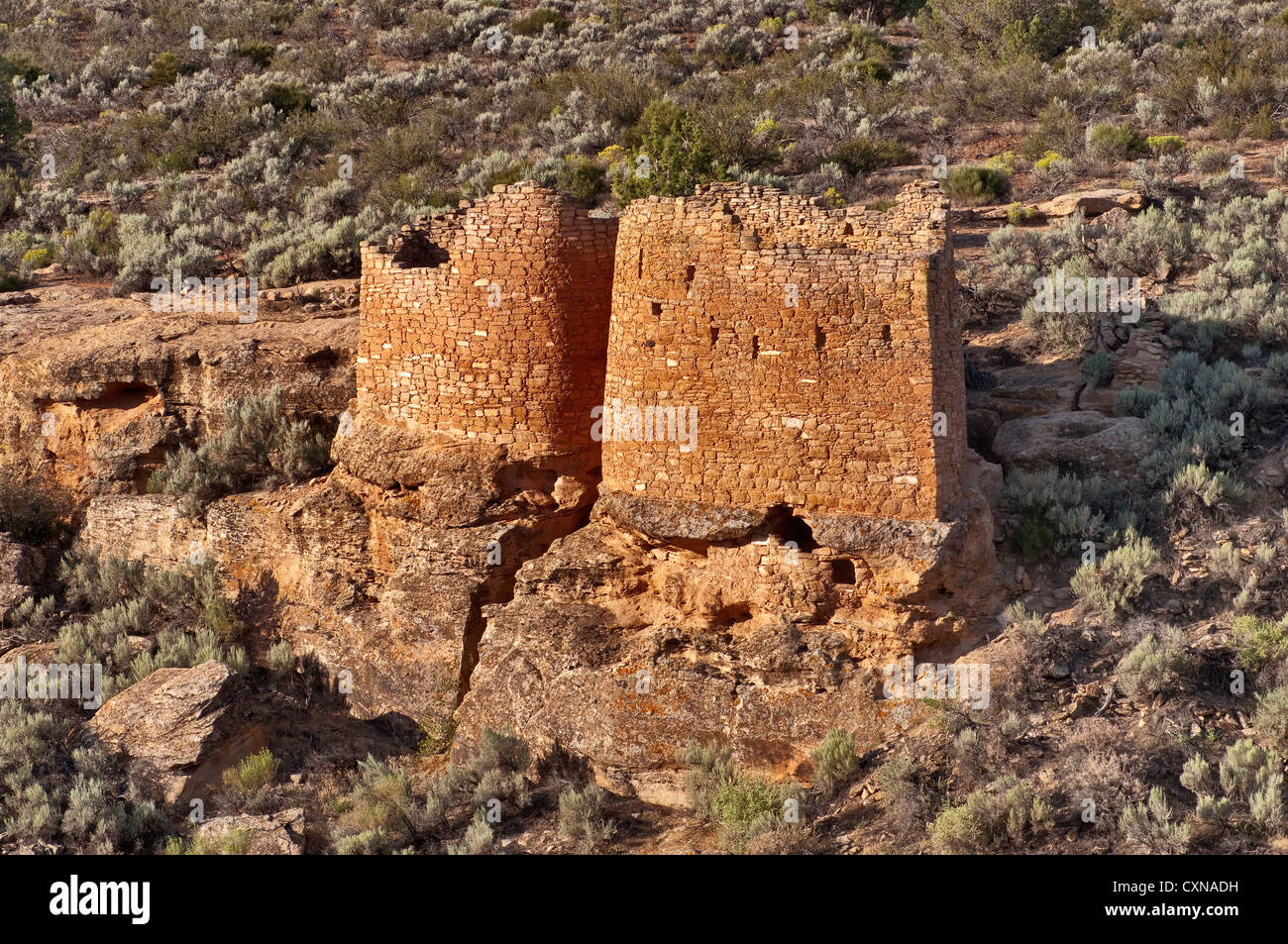 Las ruinas de las torres gemelas en el Monumento Nacional Hovenweep, la Meseta del Colorado, Utah, EE.UU. Foto de stock