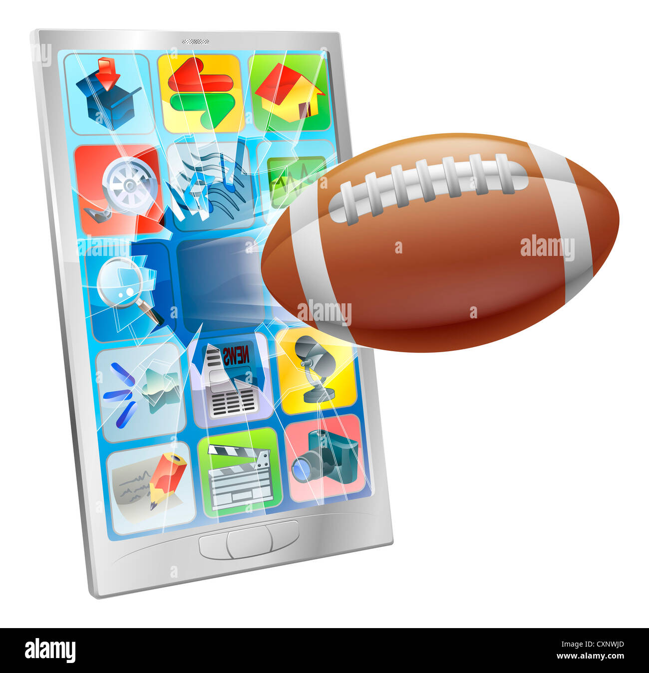 Ilustración de un balón de fútbol americano que volaba fuera de la pantalla del teléfono móvil Foto de stock