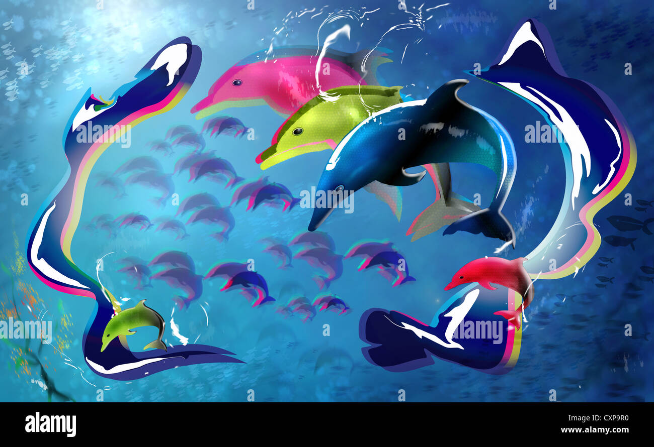 Colorido de Los Delfines en el mar. Ilustración Digital con efecto 3D. Foto de stock