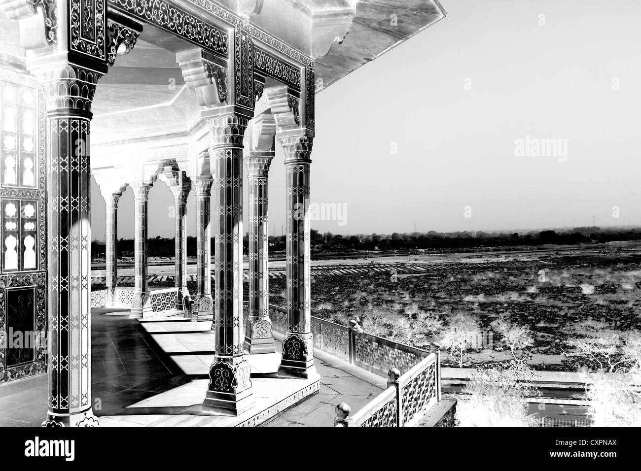Arquitectura tradicional de la India, Agra, India en negativo en blanco y negro Foto de stock