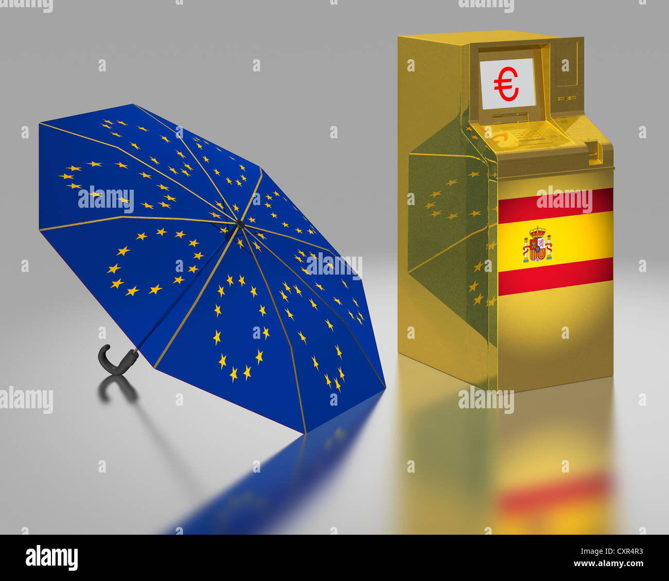 ATM con una bandera española junto a un paraguas con las estrellas de la simbólica para el paquete de rescate del euro, ilustración Fotografía de stock - Alamy