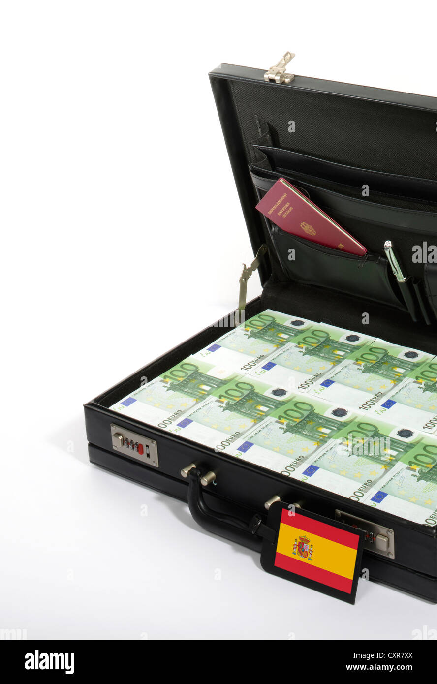 Imagen simbólica para los países europeos en riesgo, 100 billetes en un  maletín, maleta de dinero, etiqueta de equipaje con un español Fotografía  de stock - Alamy