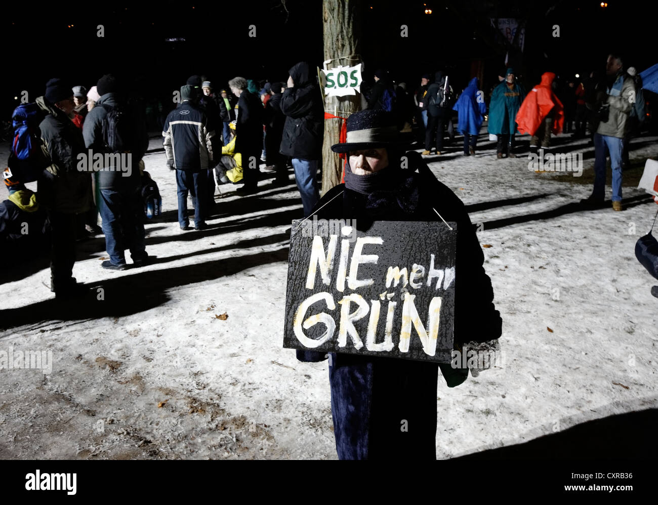 Manifestante contra el Stuttgart 21 sosteniendo un cartel, Nie mehr Gruen, alemán para los verdes nunca más, en Foto de stock