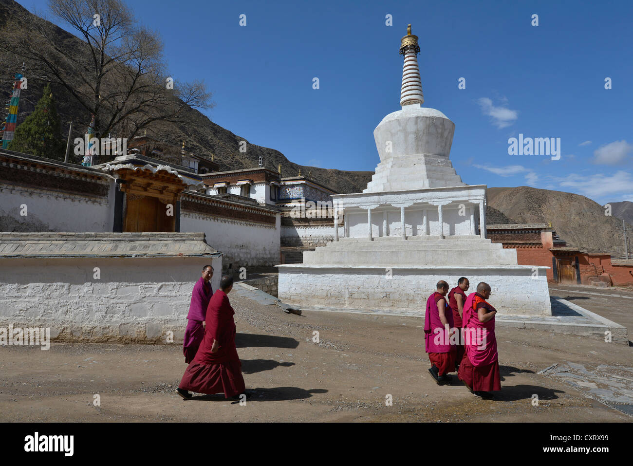 El budismo tibetano, los monjes en frente de una estupa blanca y los edificios del monasterio, construido en el estilo arquitectónico tradicional Foto de stock