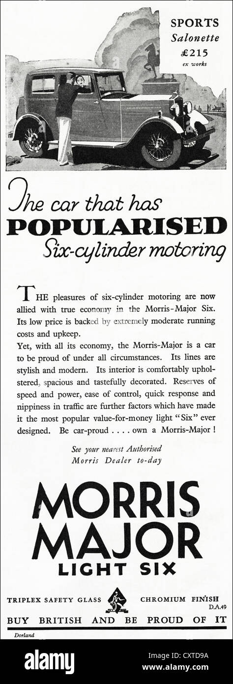 Original Vintage 1930 publicidad impresa del inglés Consumer magazine publicidad Mprris grandes coches de seis cilindros. Foto de stock