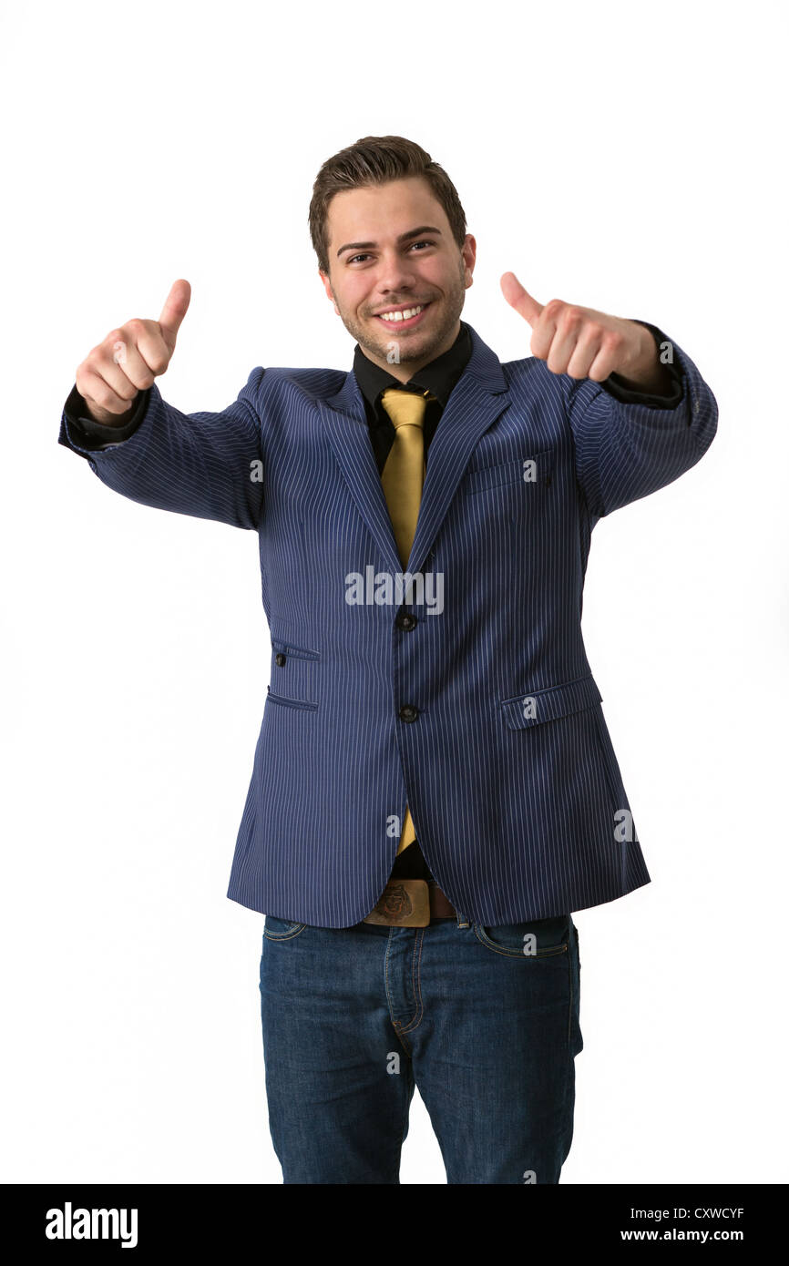 Literatura trabajo ladrón Un joven empresario simpática en un traje azul con una corbata dorada  haciendo Thumbs up Fotografía de stock - Alamy
