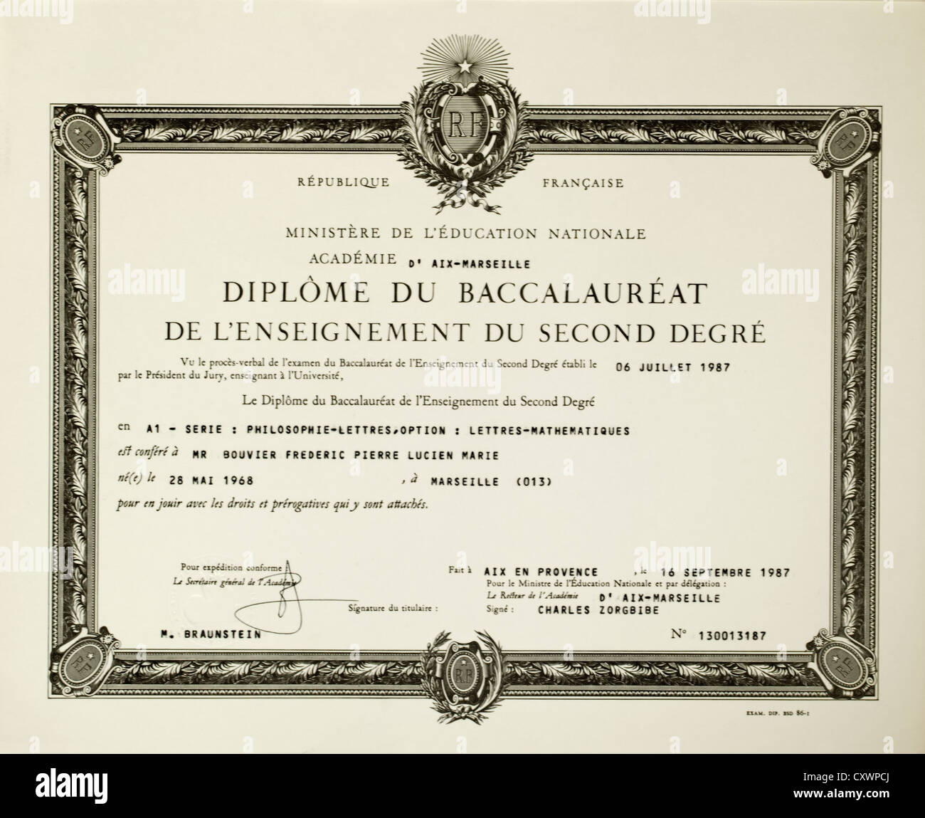 Diploma de Bachillerato francés Fotografía de stock Alamy