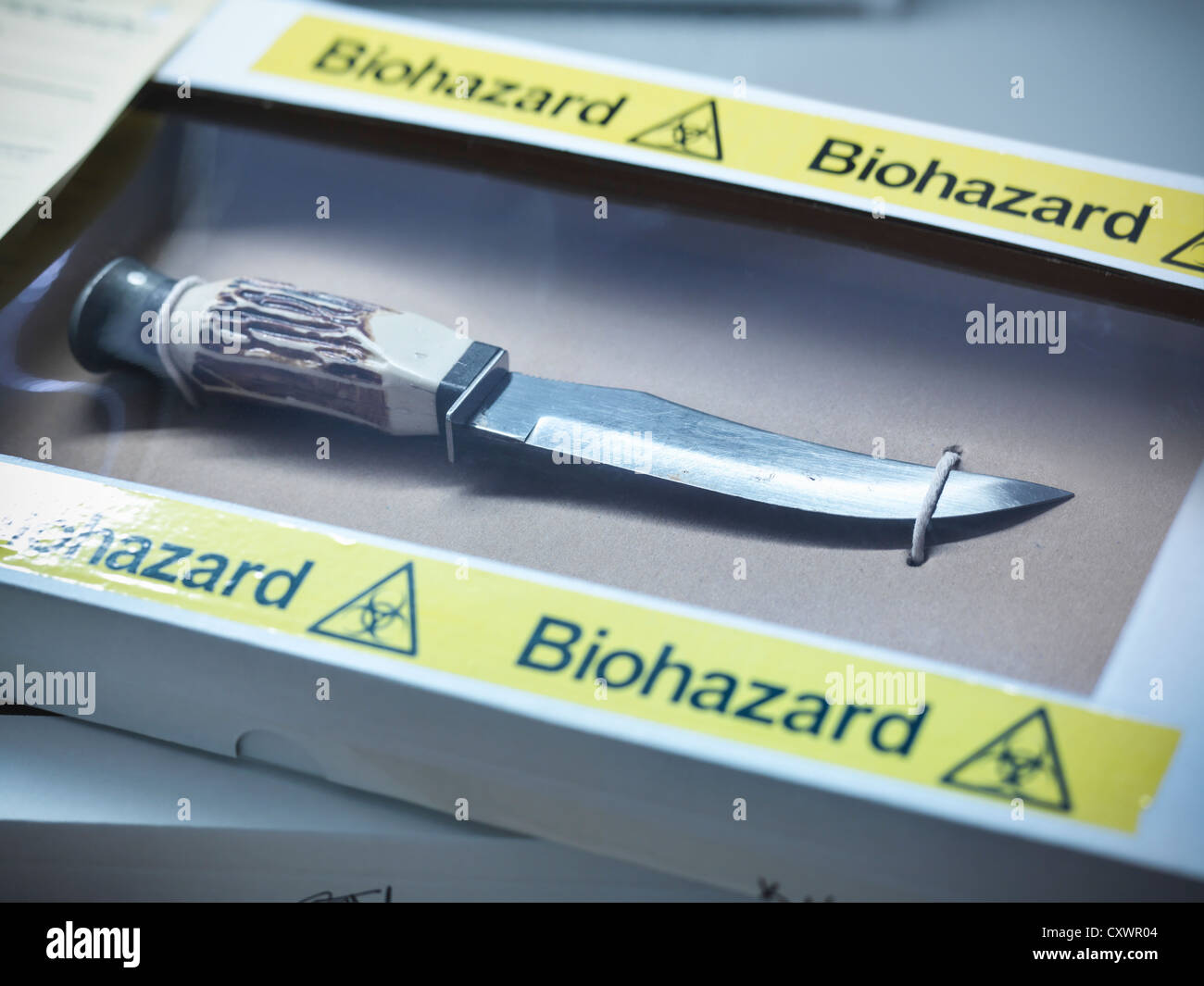 Cuchillo en biohazard verificación forense Foto de stock
