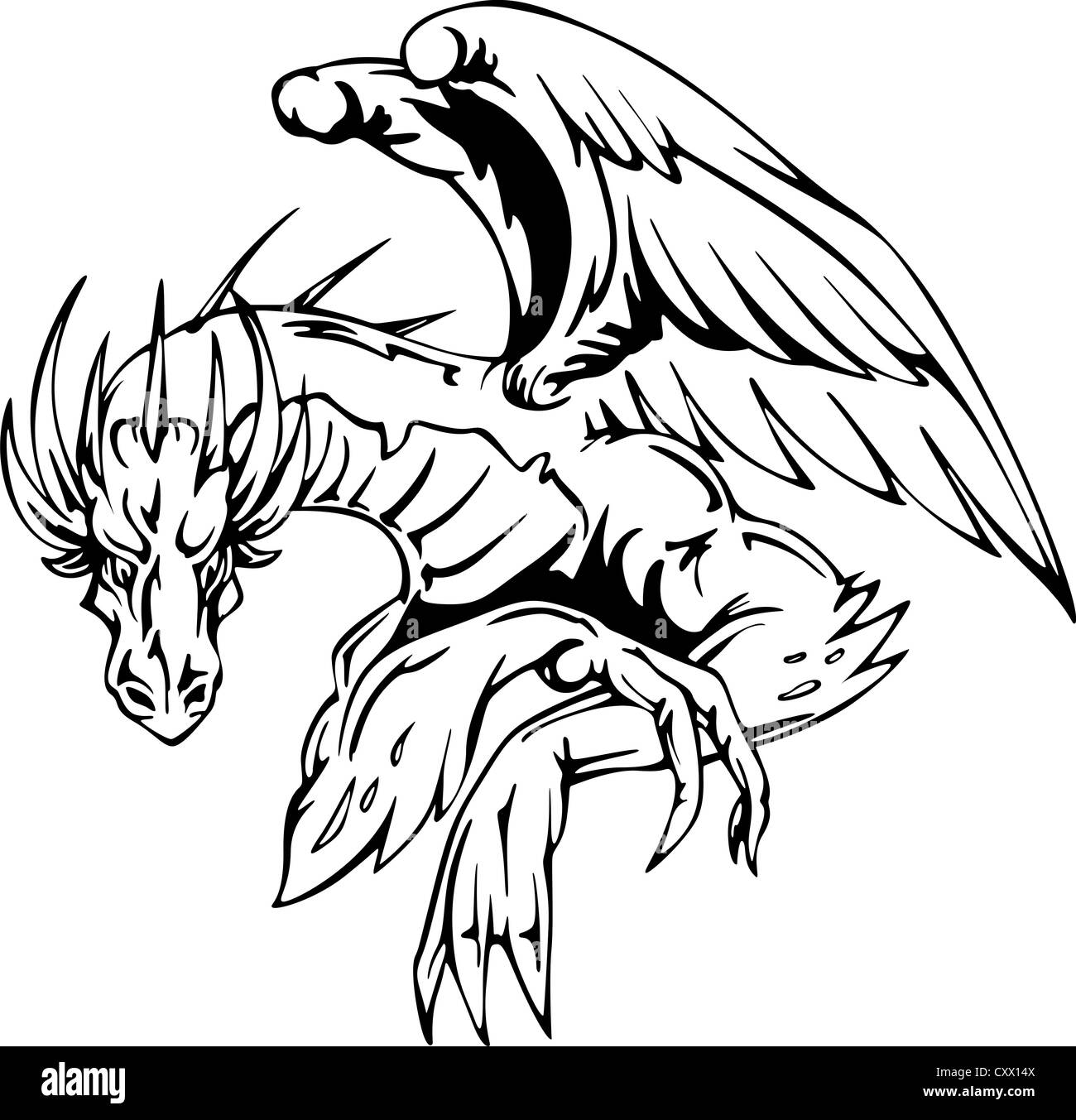 Dragon sentado - diseño de tatuaje. Ilustración vectorial EPS. Foto de stock