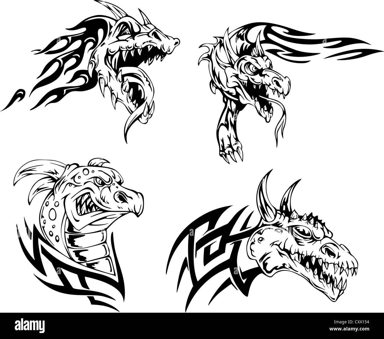 Cabeza de dragón - diseños de tatuajes. Conjunto de ilustraciones vectoriales. Foto de stock