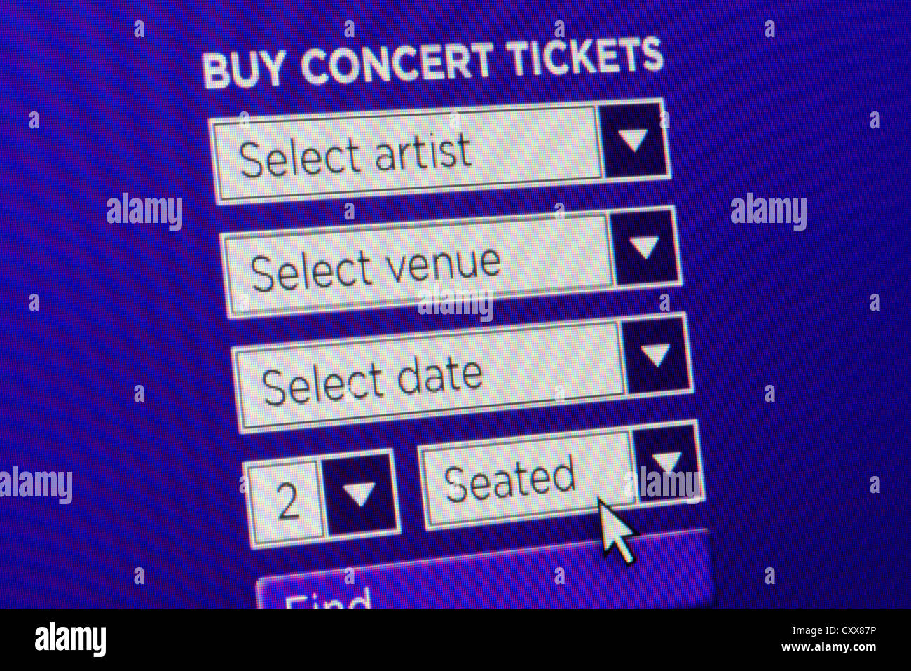 Cerca de un sitio web ficticio invitando a los usuarios a comprar boletos para el evento concierto después de entrar en detalles. Foto de stock