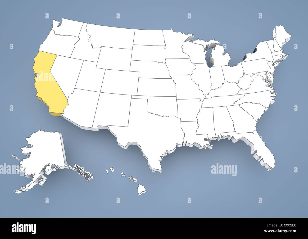 California, CA, resaltada en un mapa de contornos de EE.UU., Estados Unidos de América, la ilustración 3D Foto de stock