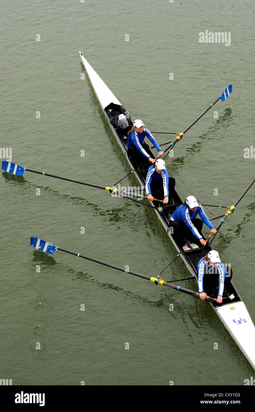Cuatro mujeres en el barco remando sculling team competir en la carrera universitaria. Foto de stock