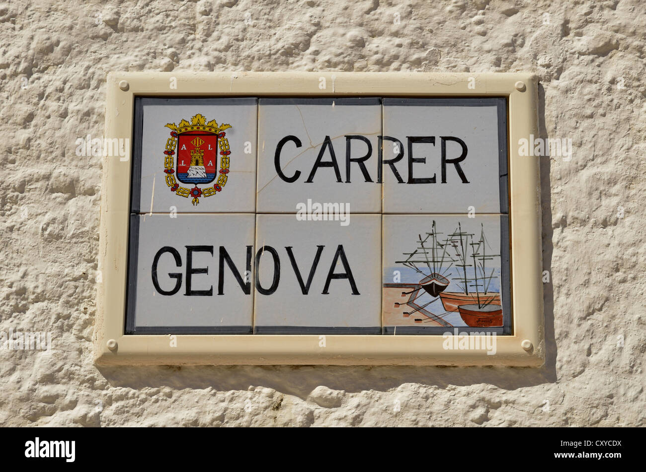 Firmar 'Carrer Genova', Génova Street, muchos de los habitantes de Tabarca vienen desde Génova, Isla de Tabarca, Isla de Tabarca Foto de stock