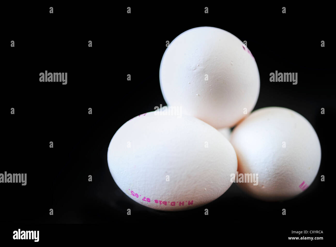 4 huevos de gallina blanca Foto de stock