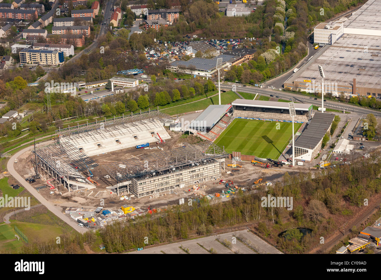 Vista aérea, Georg-Melches Rot-Weiss Essen Stadium, el estadio, la construcción del estadio, Essen, área de Ruhr Foto de stock