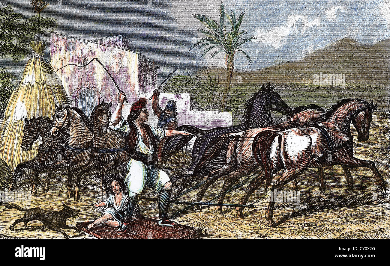 España. Cataluña. Agricultor usando caballos de la trilla. Siglo xix. Grabado en color. Foto de stock