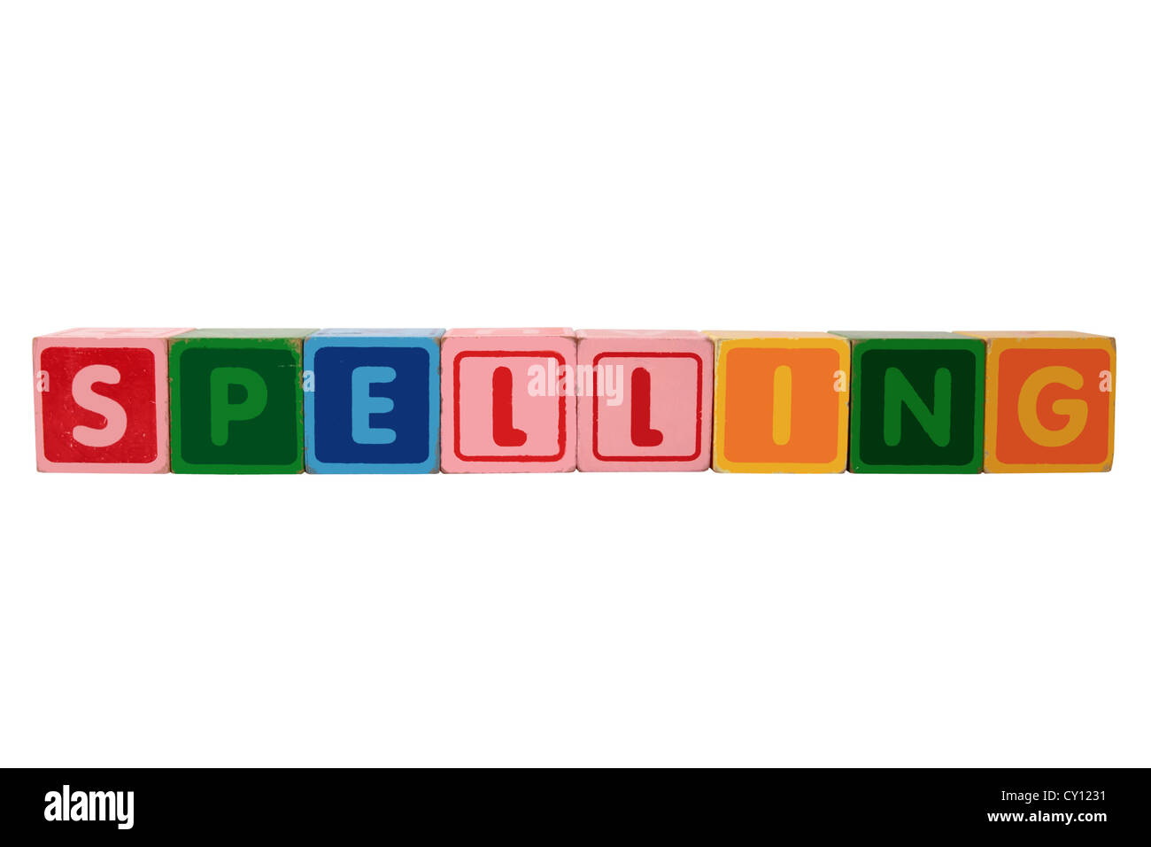 Toy letras que componen la ortografía contra un fondo blanco con trazado de recorte Foto de stock