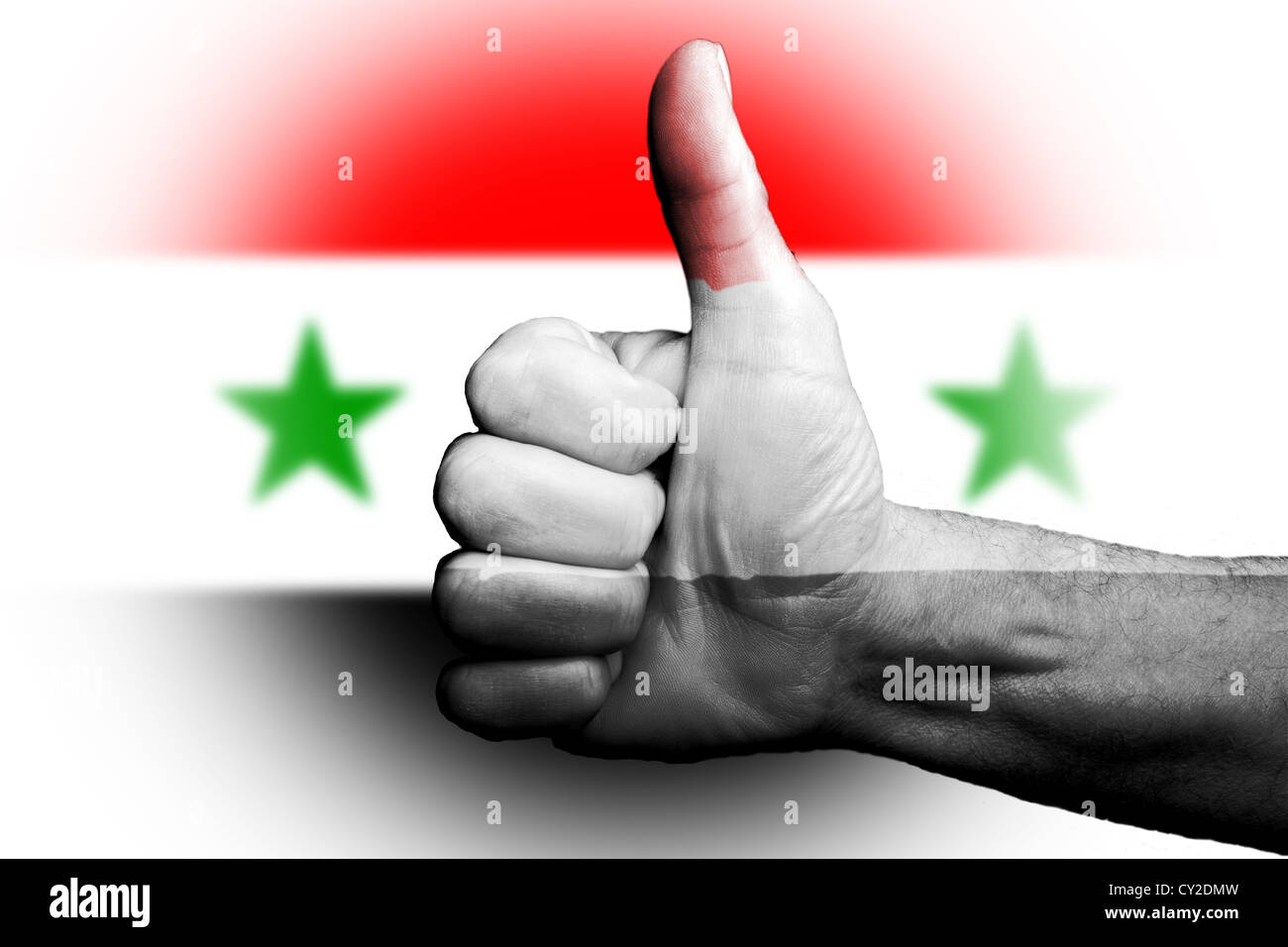 Thumbs up para Siria Sirios, metáfora deportiva vamos a ganar prevalecer,voto de confianza para el país y el pueblo. Foto de stock