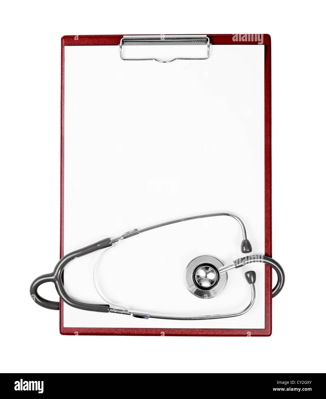 Medical portapapeles con hoja de papel en blanco y estetoscopio Foto de stock