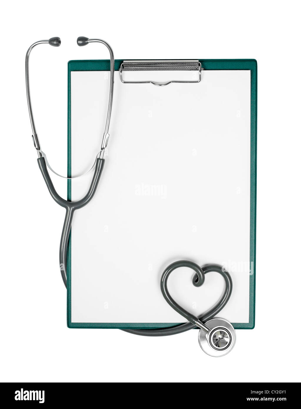 Tablilla médica con un estetoscopio en forma de corazón Foto de stock