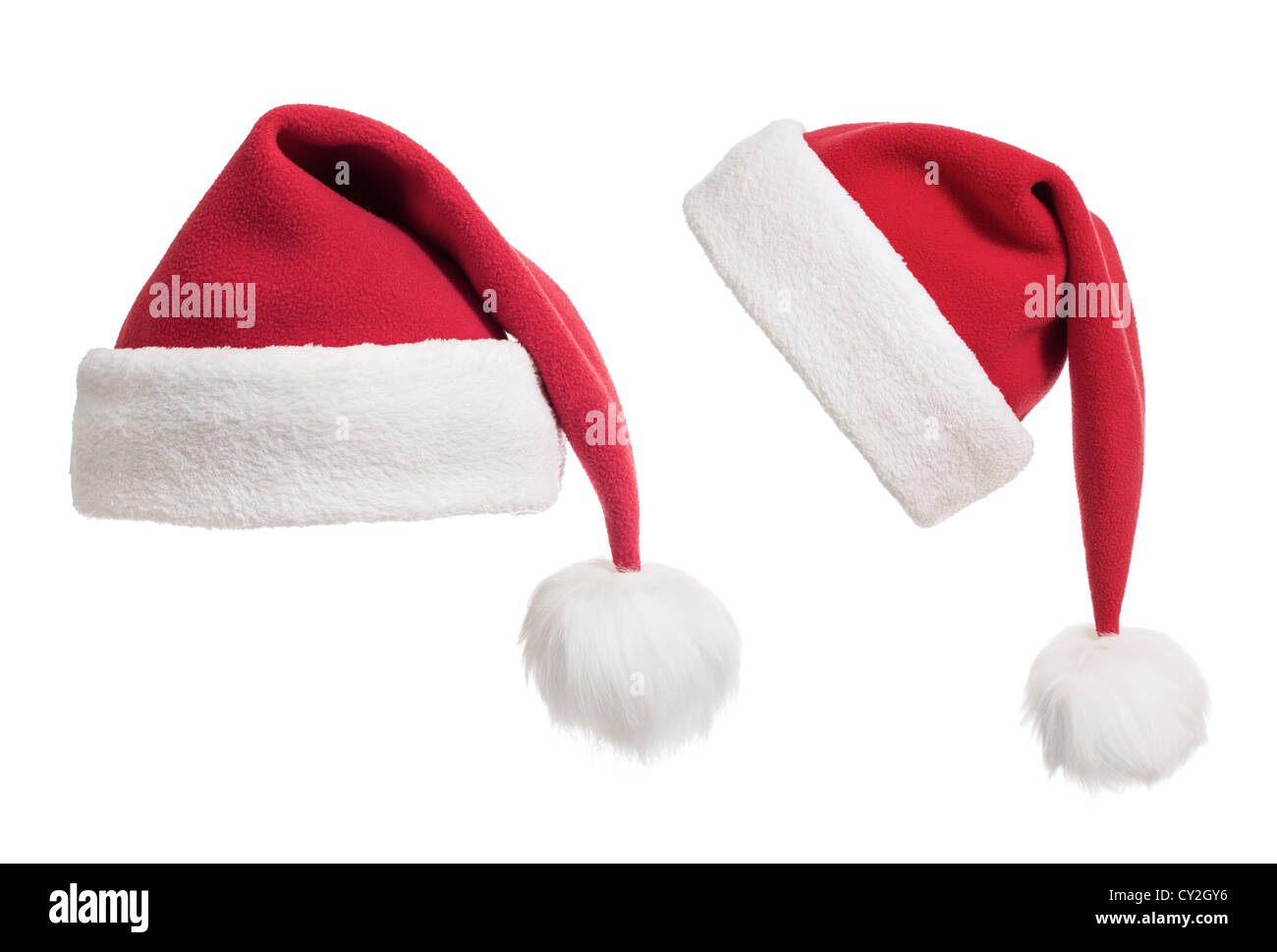 Sombreros o gorros de Papá Noel, colección aislado en blanco Foto de stock