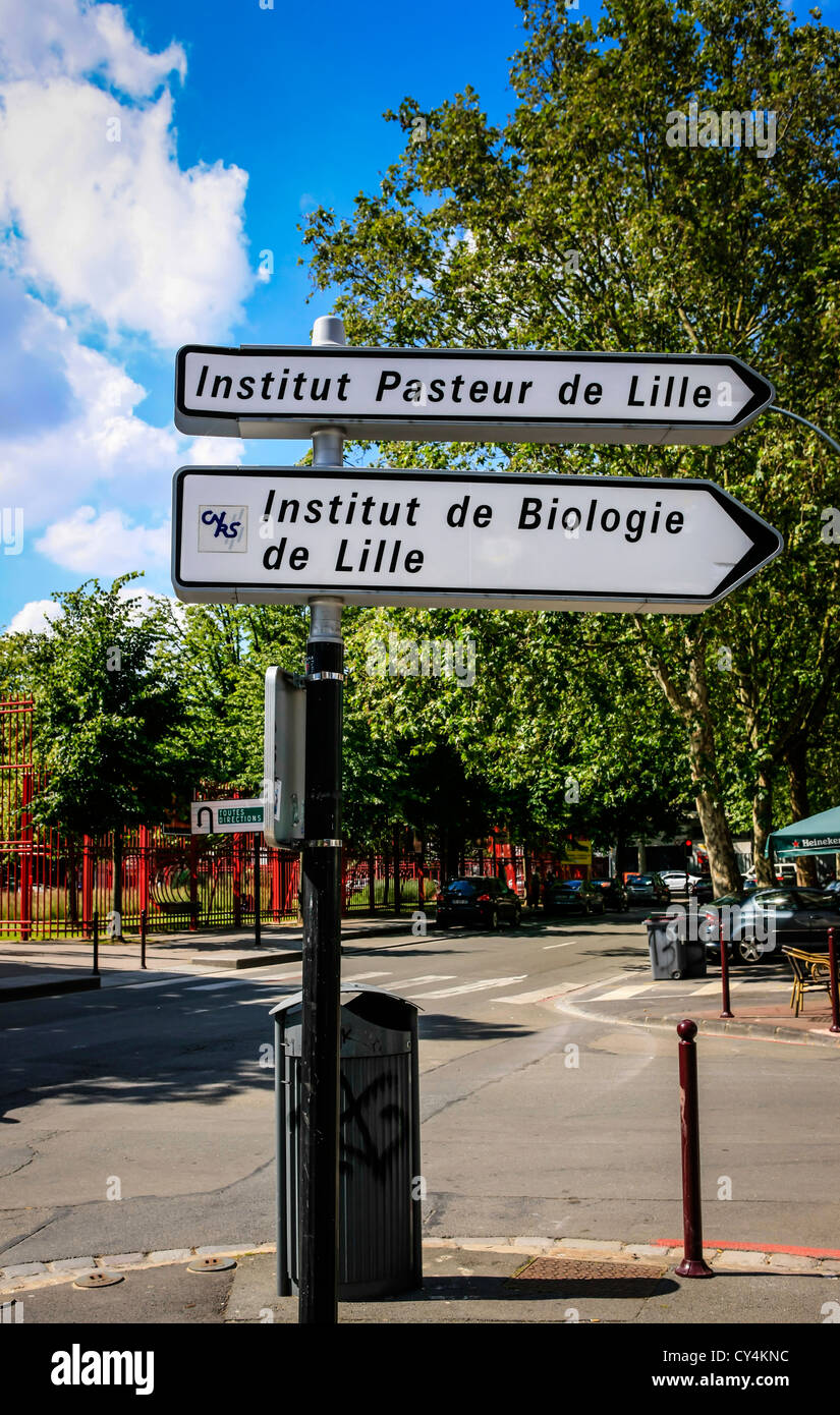 Ciudad francesa cartel apuntando al Institut Pasteur y Biologie en Lille Foto de stock