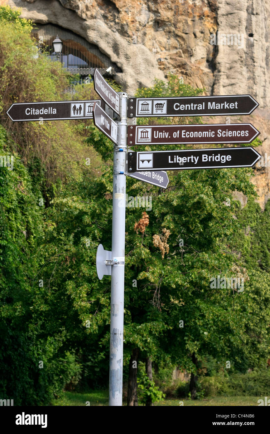 Signpost direcciones para visitar los lugares turísticos en Budapest Foto de stock