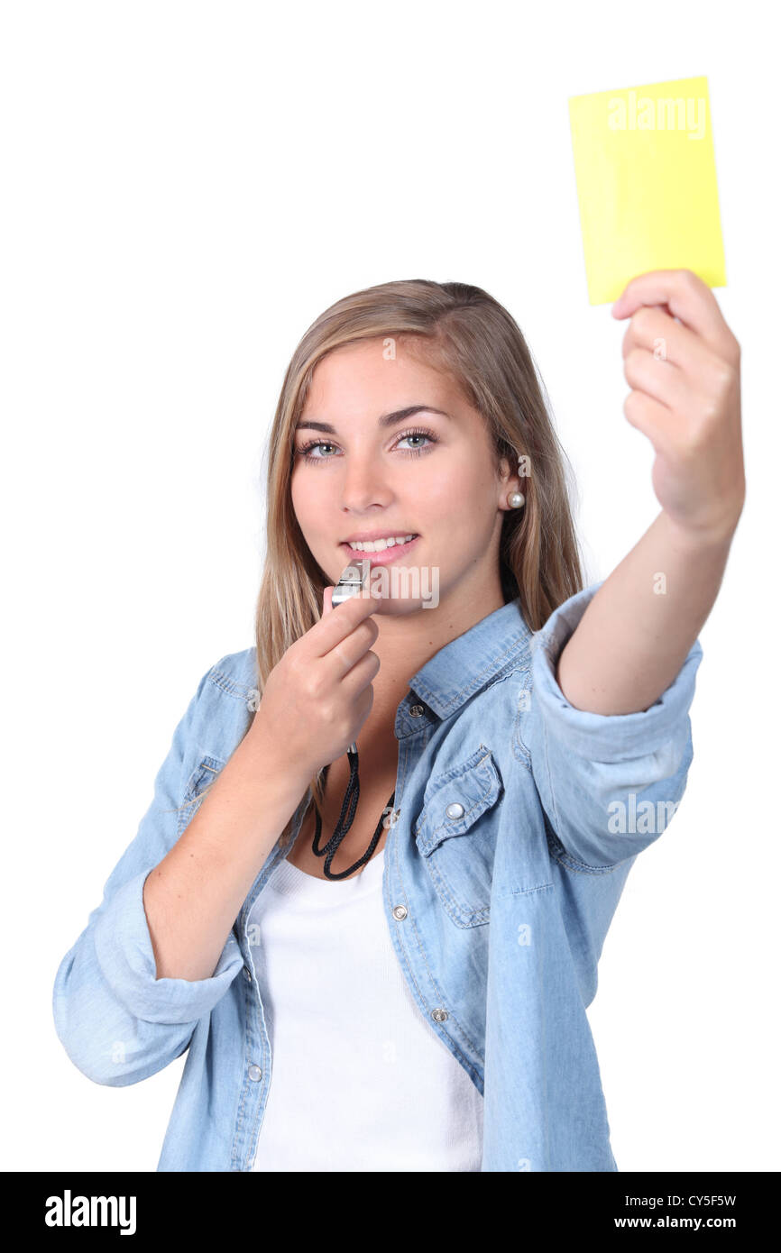 Chica con tarjeta amarilla Foto de stock