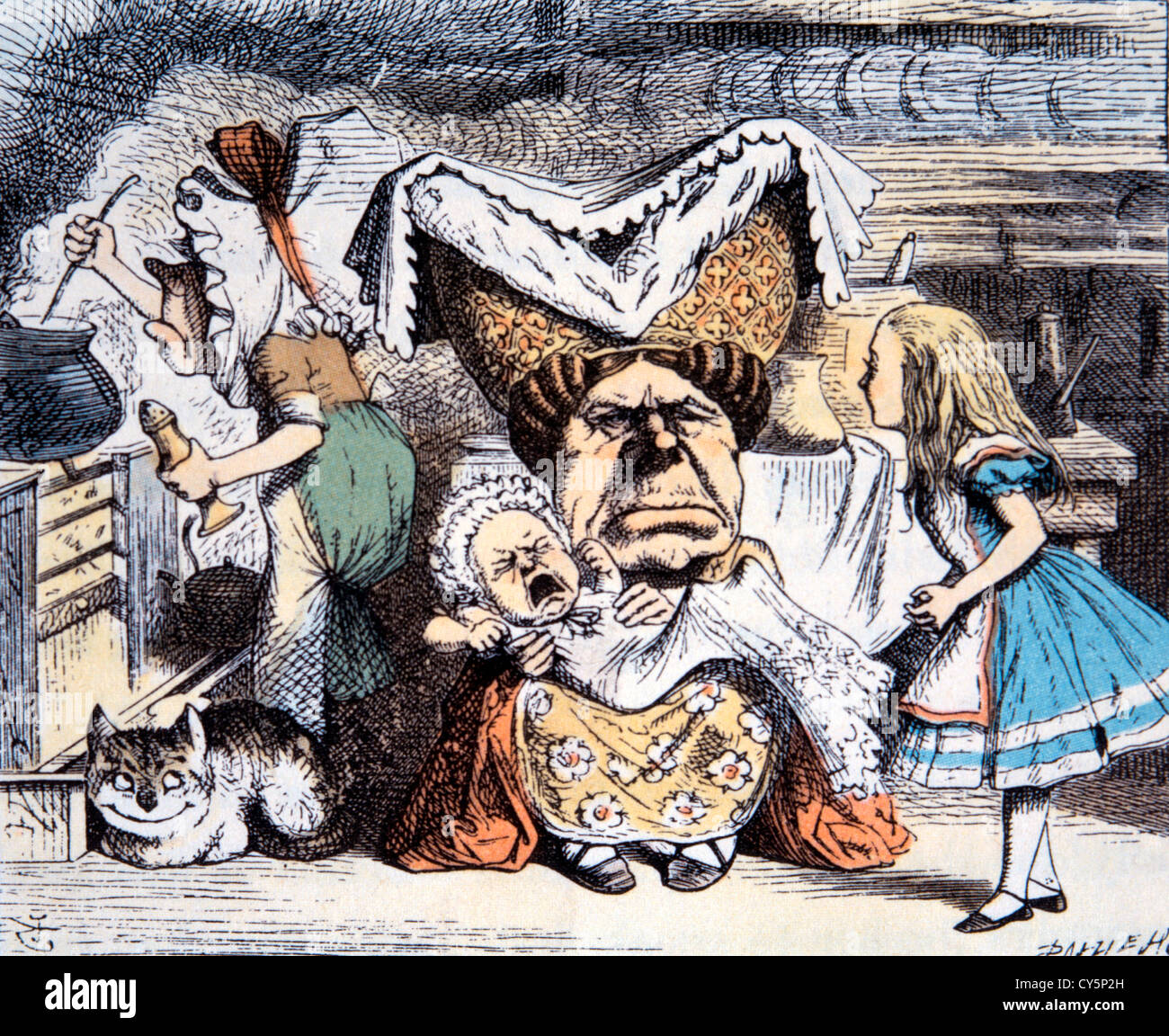 Cerdo y pimienta, Aventura de Alice in Wonderland de Lewis Carroll, Coloreado a mano ilustración, circa 1865 Foto de stock