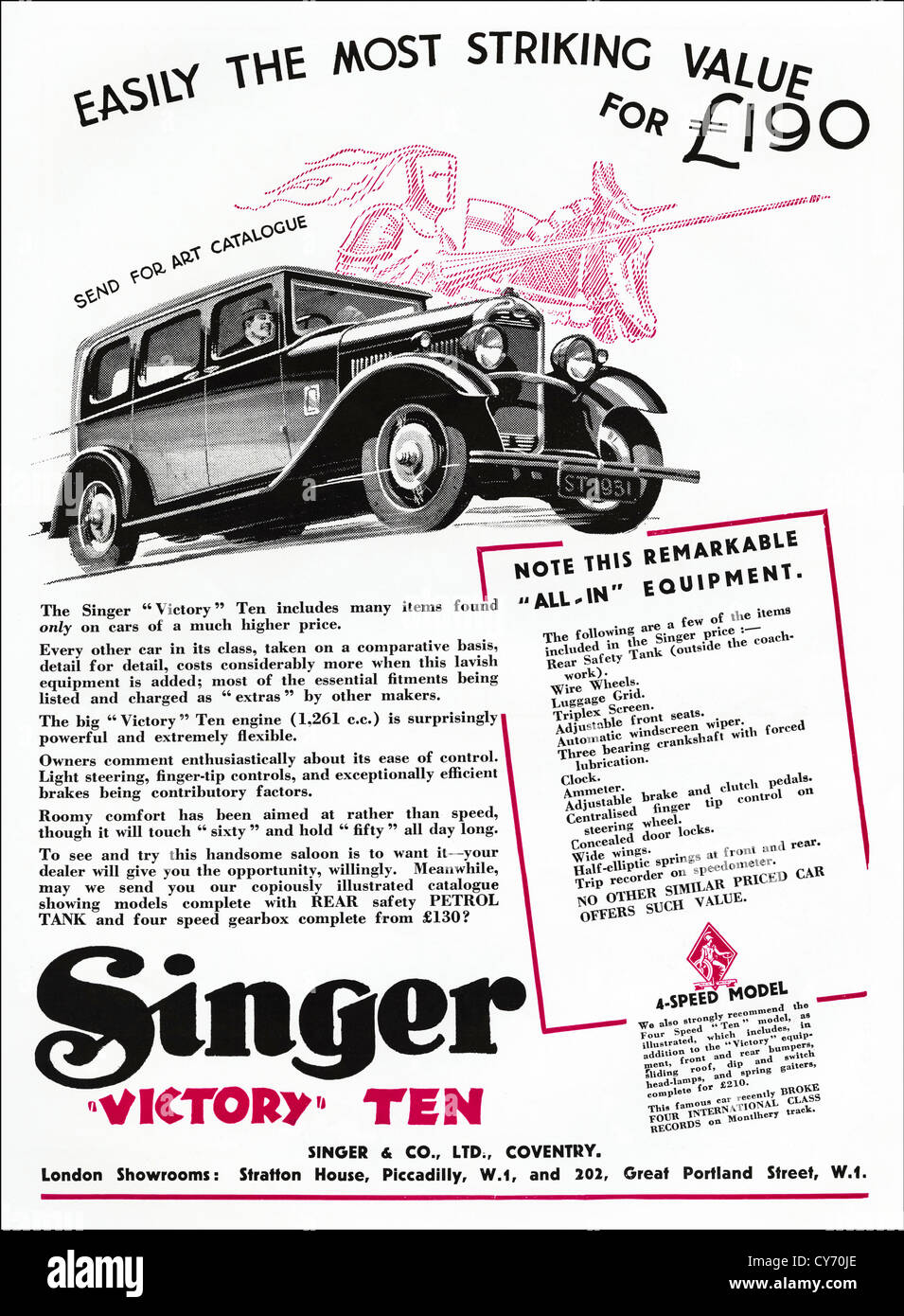 Original Vintage 1930 publicidad impresa del inglés Consumer magazine publicidad cantante Victoria diez automóvil Foto de stock