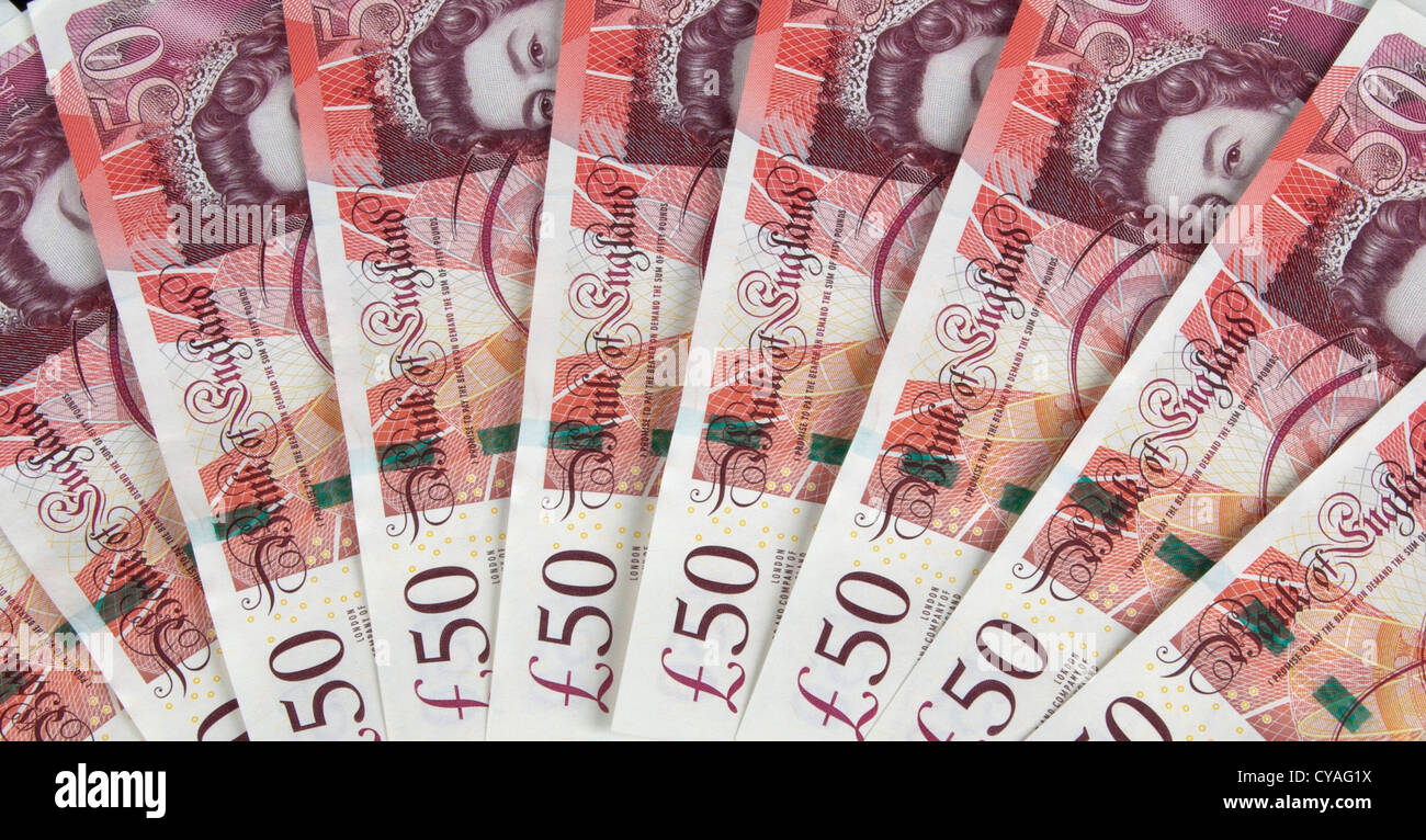 British sterling billetes de banco. Dinero en efectivo de £50 libras fan 129811 dinero cu Foto de stock