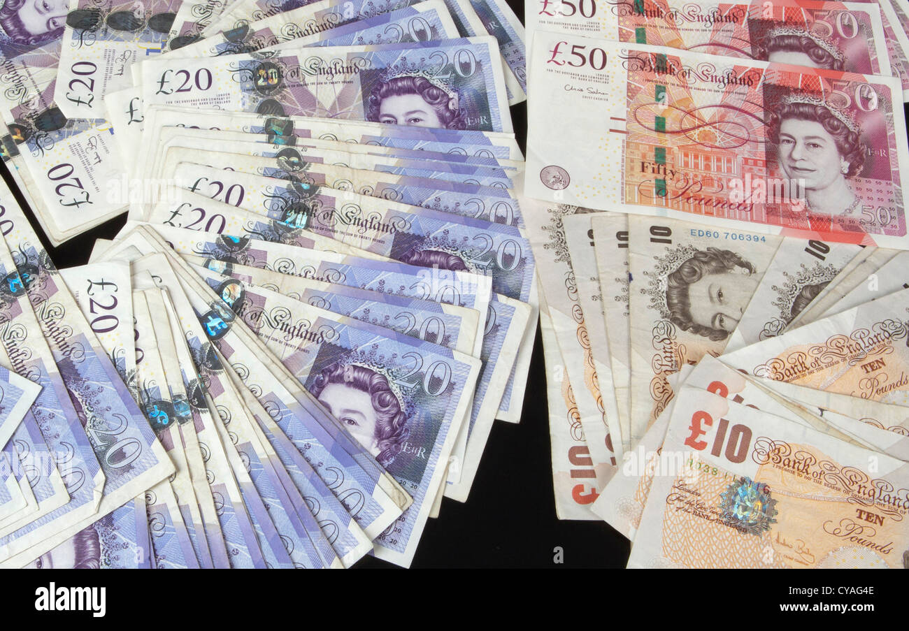 British sterling billetes de banco. Dinero £10 £20 £50 libras 129817 dinero cu Foto de stock