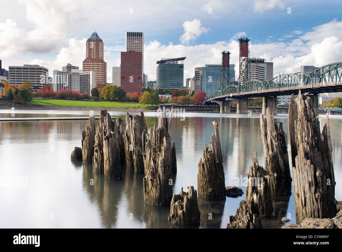 El centro de Portland, Oregón, Ciudad desde la orilla del río Willamette en otoño Foto de stock
