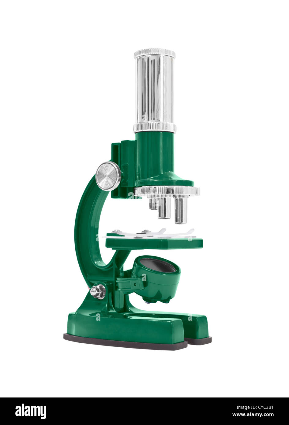 Microscopio verde aislado en blanco con trazado de recorte. Foto de stock