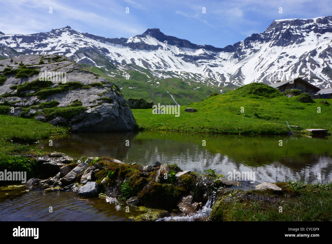 Engstligenalp, Adelboden, con (f.r.l.). Wildstrubel, Steghorn und Tierhöri, Chindbettipass, Alpes Berneses, Suiza Foto de stock