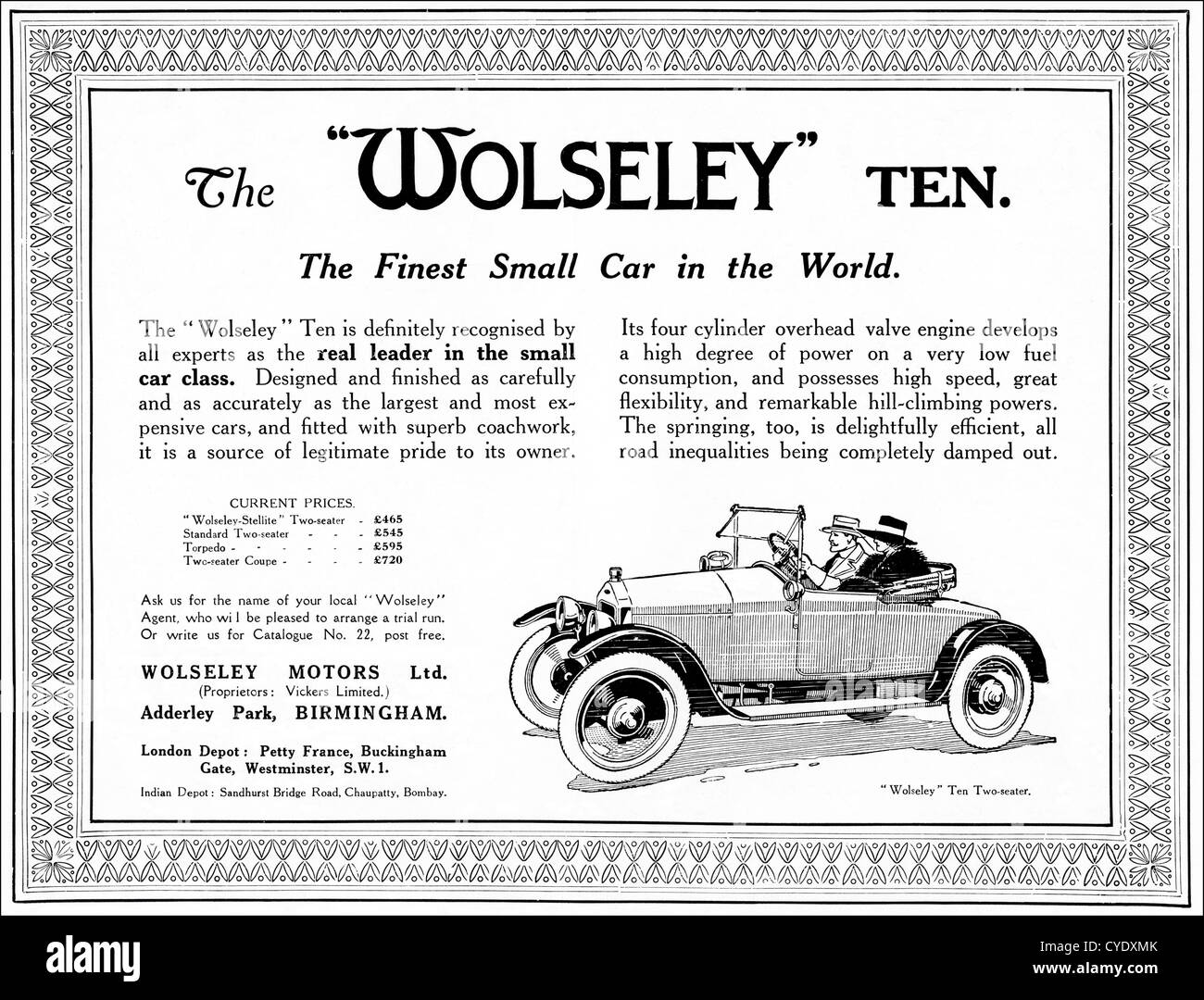 Original Vintage 1920 anuncio impreso de la revista inglesa publicidad Wolseley 10 vehículos fabricados de 1920 - 1924 en Birmingham, Inglaterra Foto de stock