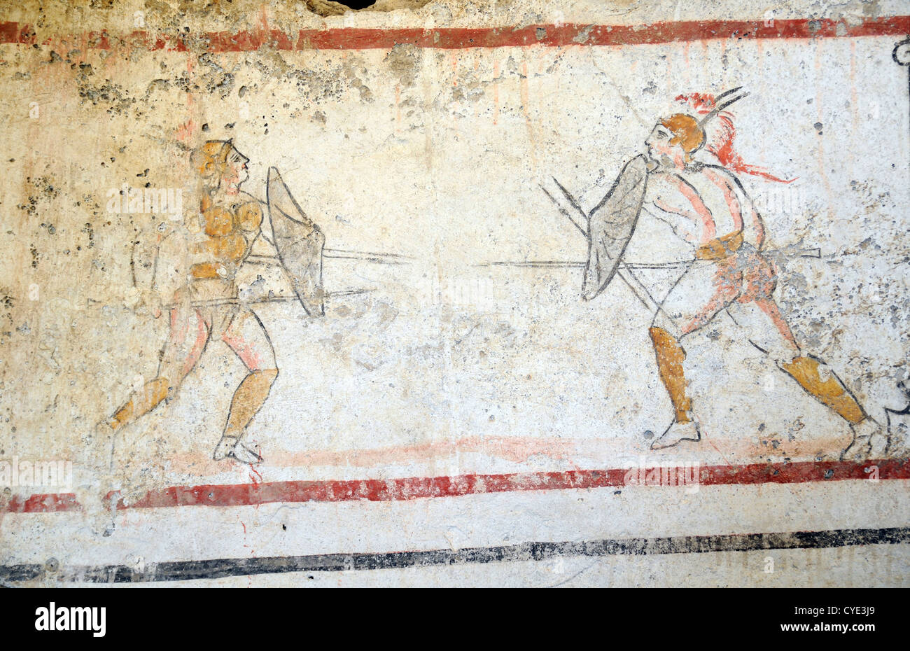 Duelo, tumba griega de la losa, c.350330 BC. El museo de Paestum, sitio de griegos y romanos