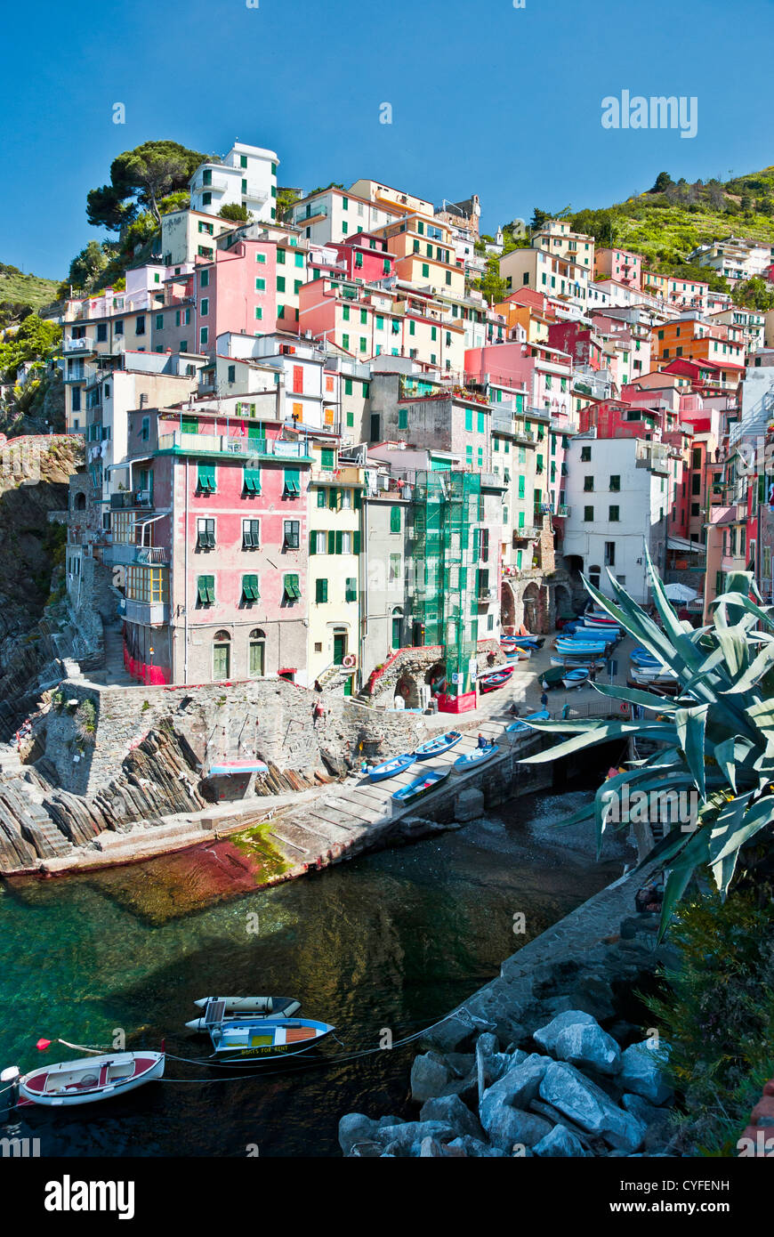 La aldea costera italiana de Riomaggiore, en Cinque Terre Foto de stock