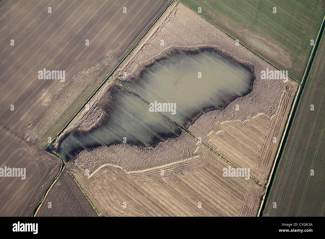 Vista aérea de el daño de la cosecha causado por el exceso de agua y las inundaciones a la tierra Foto de stock