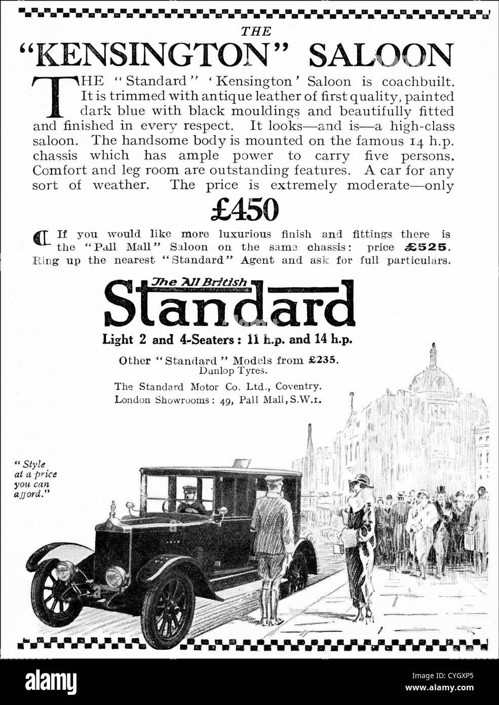 Original Vintage 1920 publicidad impresa de la publicidad en las revistas en inglés estándar 11 & 14 h.p. berlinas fabricado en Coventry Inglaterra Foto de stock