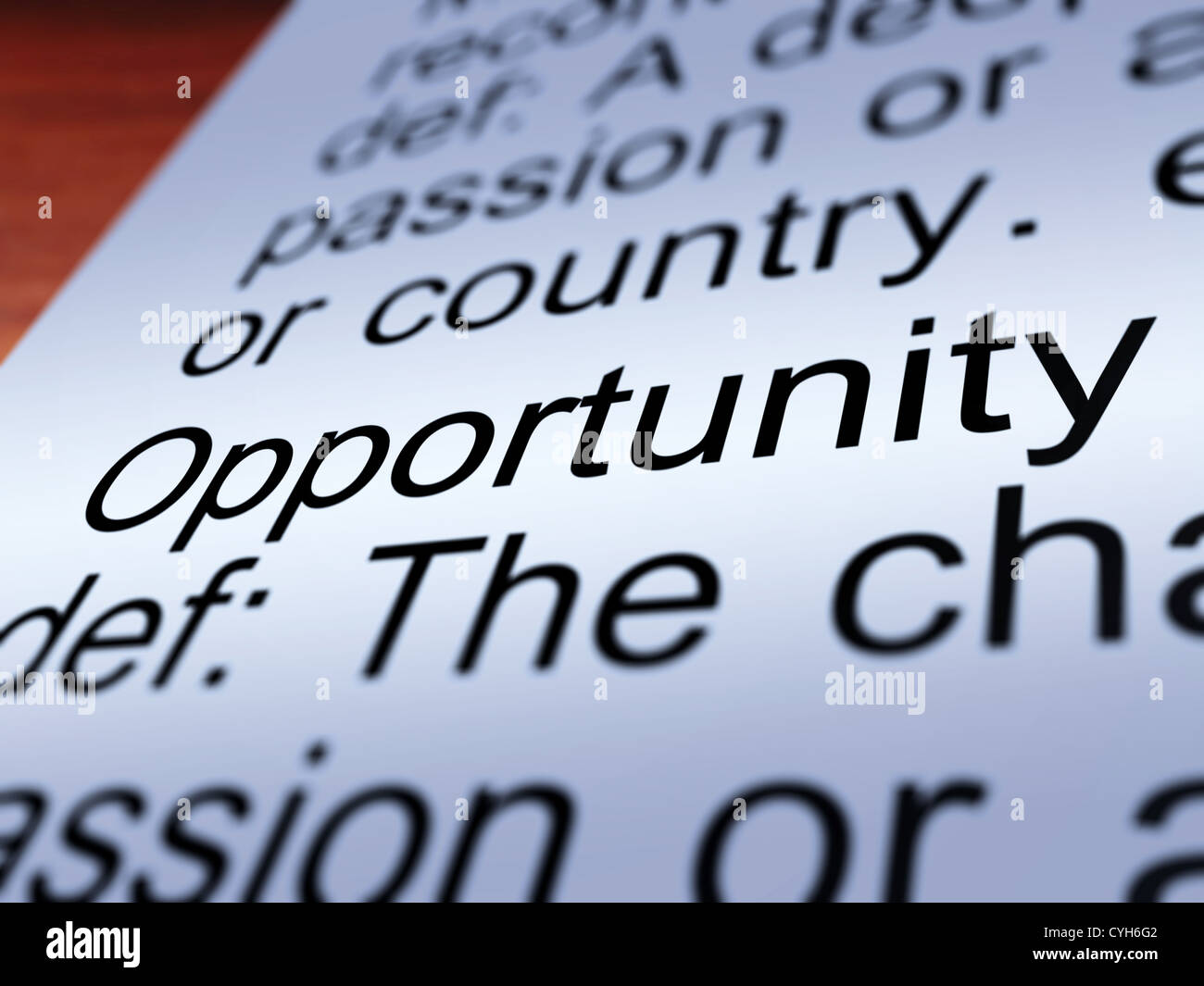 Definición de oportunidad Closeup muestra oportunidad posibilidad o posición de carrera Foto de stock